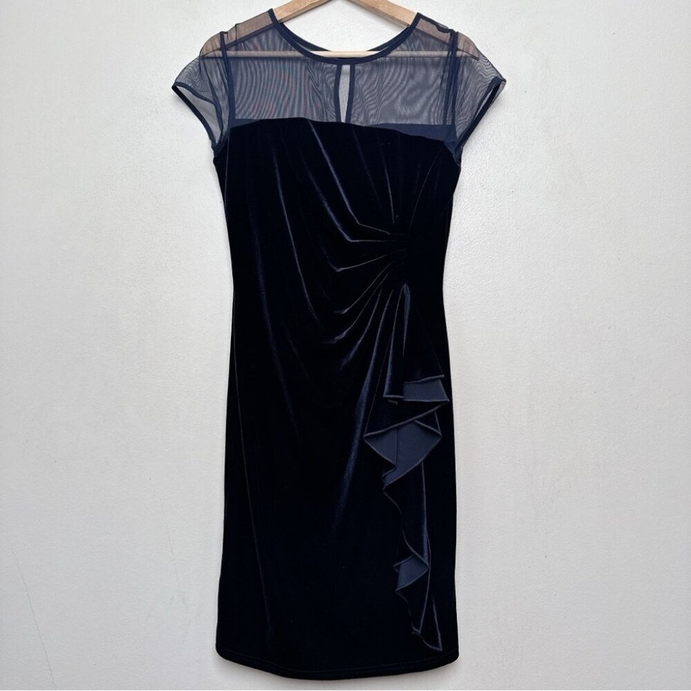 Joseph Ribkoff Womens 10 NWT Elegant Navy Velvet Ruffle Sheath Dress - Picture 2 of 14